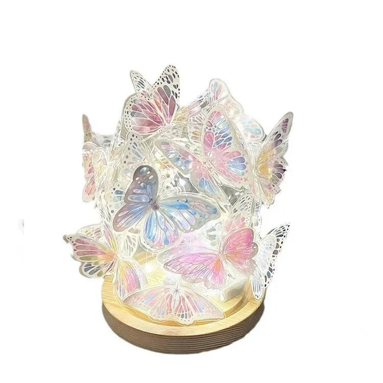 Handmade butterfly bedside lamp with glass shade and raw wood base in 12x15cm size