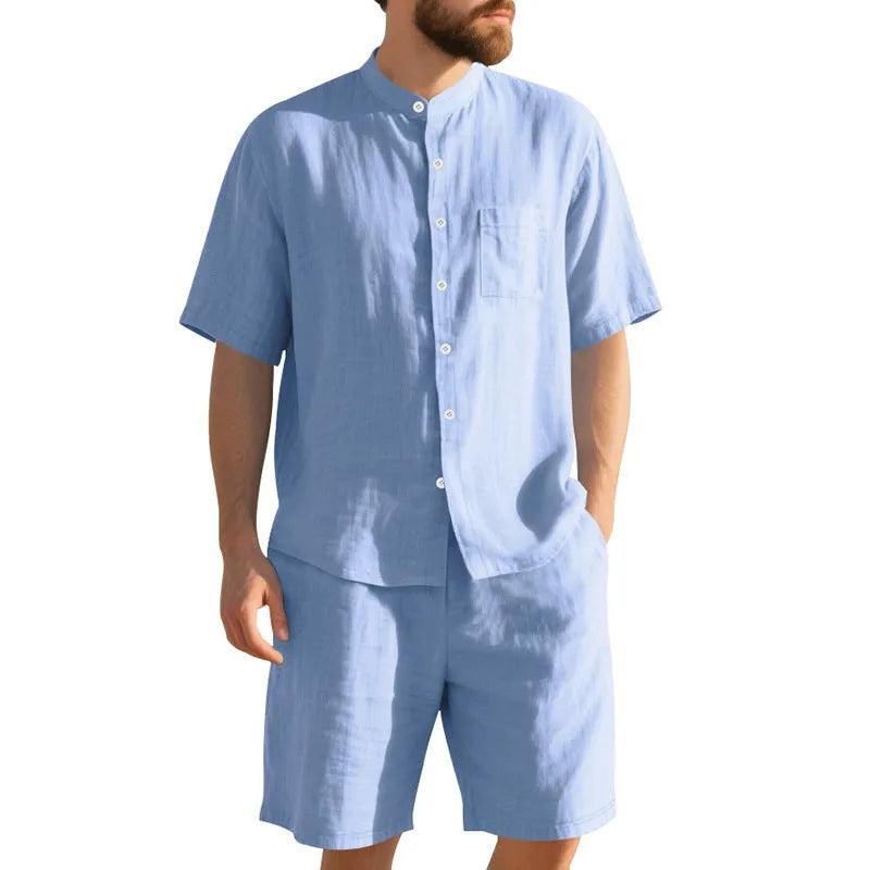 Men's linen summer suit two-piece set with Henry collar shirt and shorts in multiple colour options