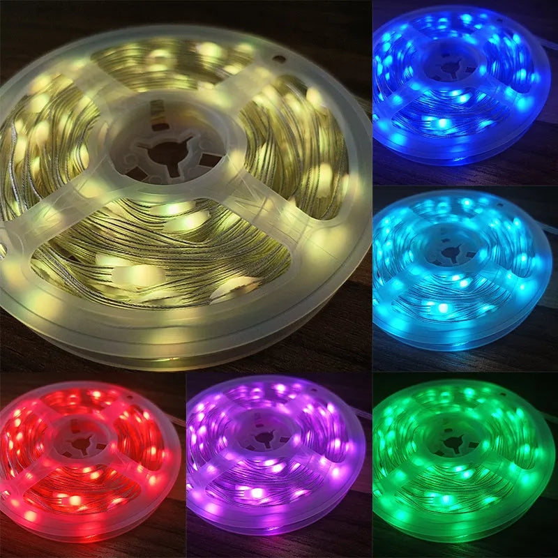 10-metre long multi-colour LED light string with 100 bulbs coiled on a table.