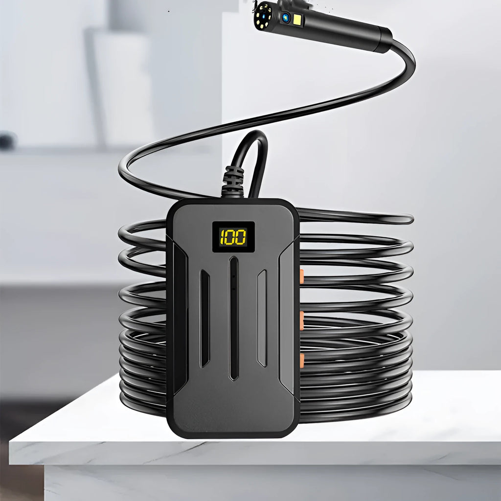 F300 wireless endoscope with dual-lens camera, hook, and magnet accessories on a smartphone displaying a live feed.