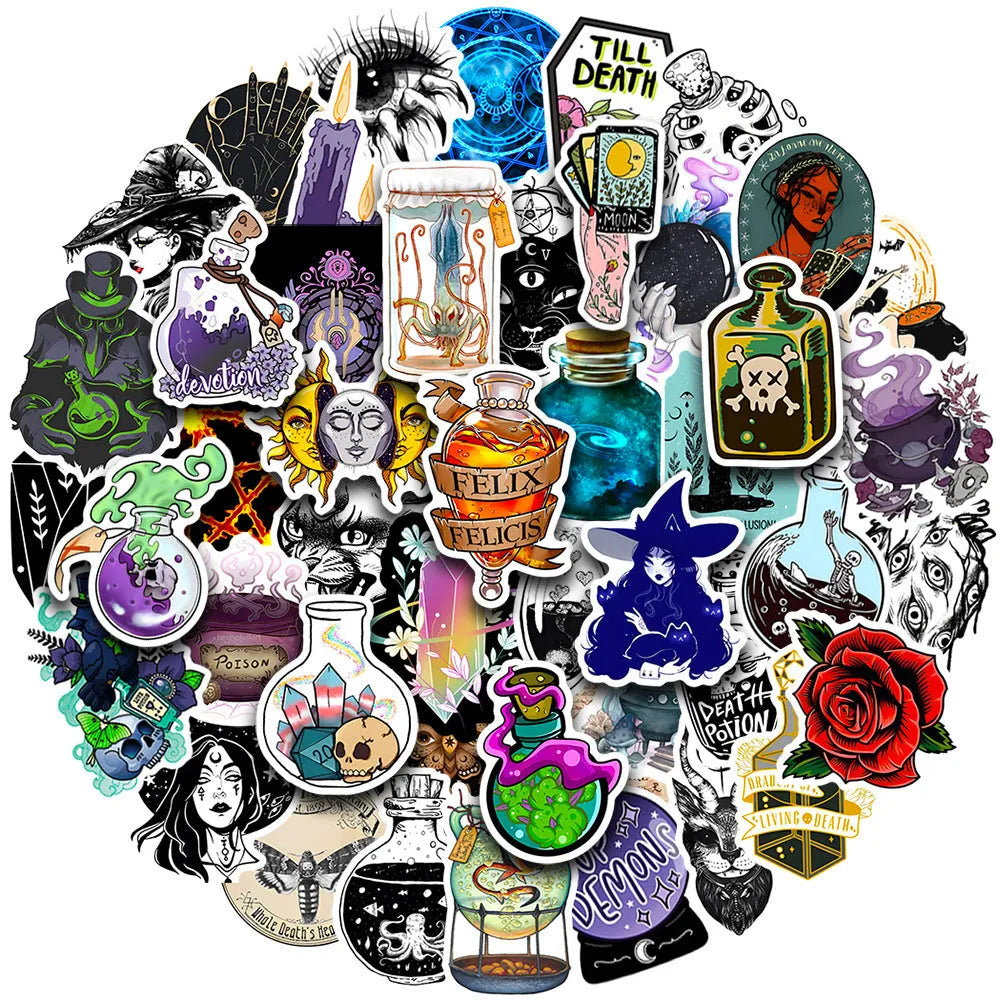 Pack of 50 assorted glossy PVC stickers in sizes from 3cm to 8cm for laptops and smooth surfaces.