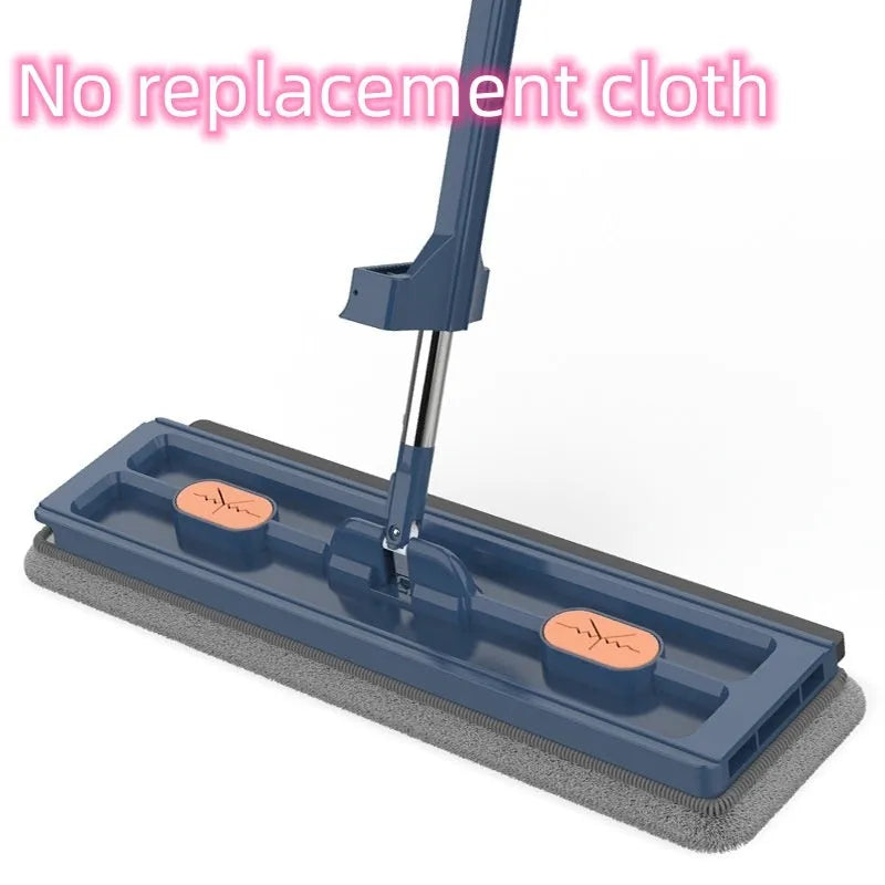 Large flat mop with stainless steel handle and blue cloth on hard floor