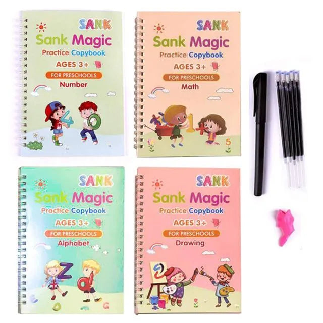 Four magic stylus clean writing practice books with slot design in white, grey and black colours