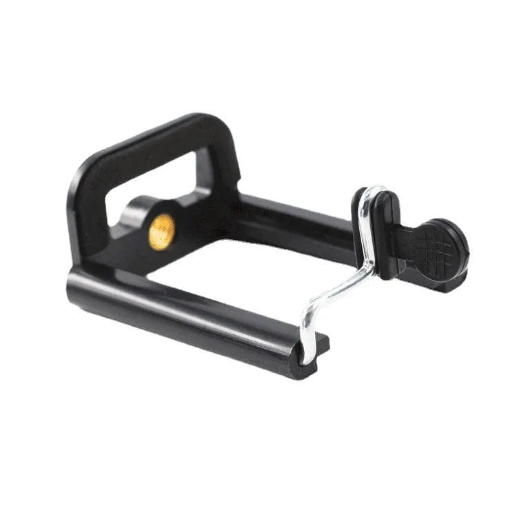 Black U-shaped plastic mobile phone clip holder for attaching to a hose.