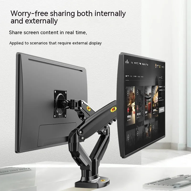 Dual screen monitor mounting bracket with VESA compatibility for 75-100mm patterns and lifting height adjustment