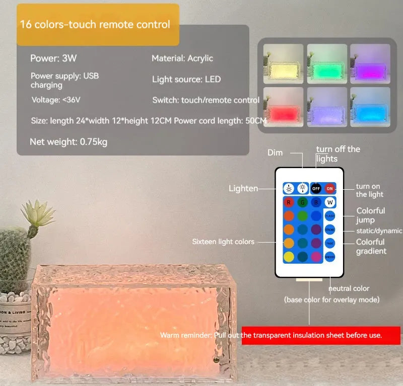 Clear acrylic ice cube shaped night lamp with coloured LED light on a table.