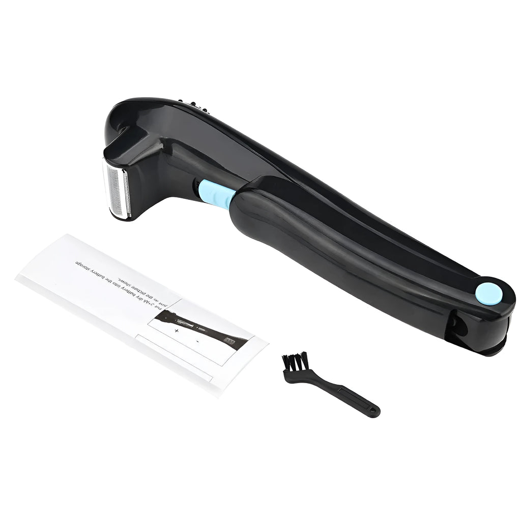 Black folding electric body shaver with battery compartment and compact folded design