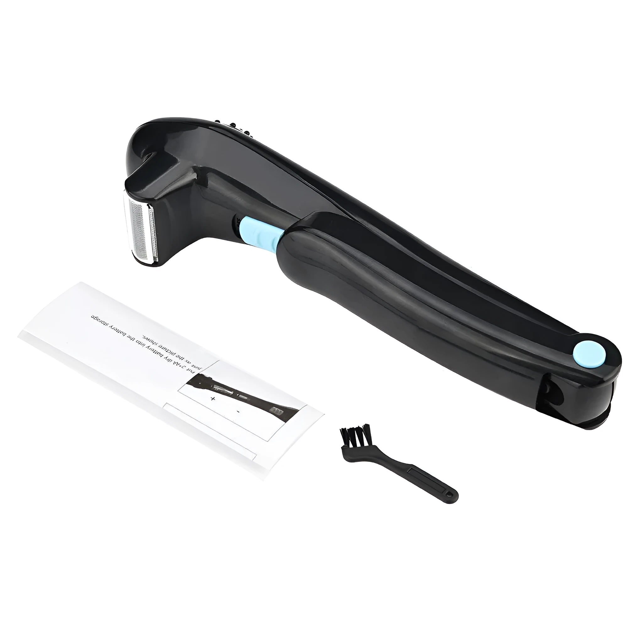 Black folding electric body shaver with battery compartment and compact folded design