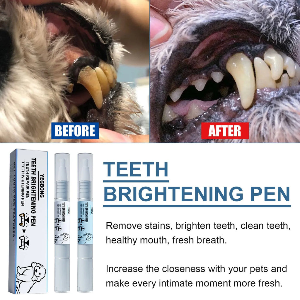 Pet teeth whitening pen with dual-ended design and dental brush applicators for dog and cat tartar removal