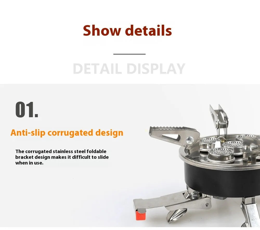 Silver foldable split camping stove with extended gas hose on a grey background