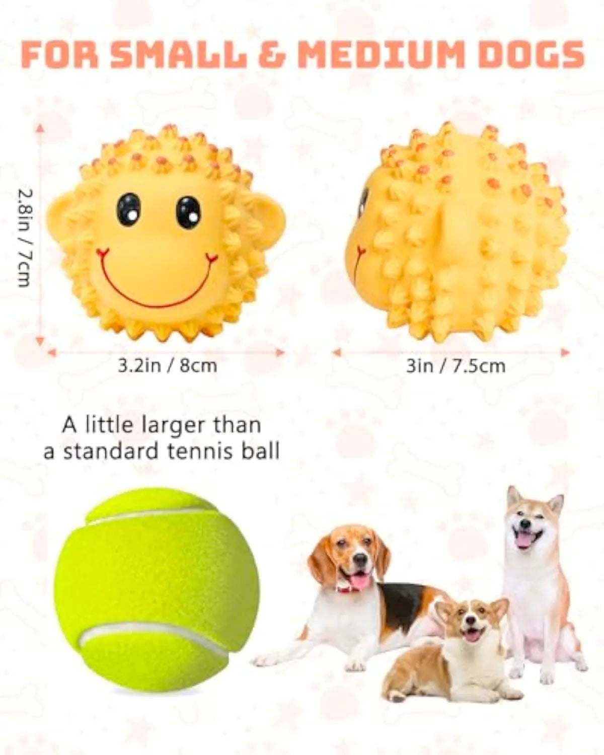 Four orange and yellow spiky latex dog toys with animal shapes and squeakers for small medium breeds