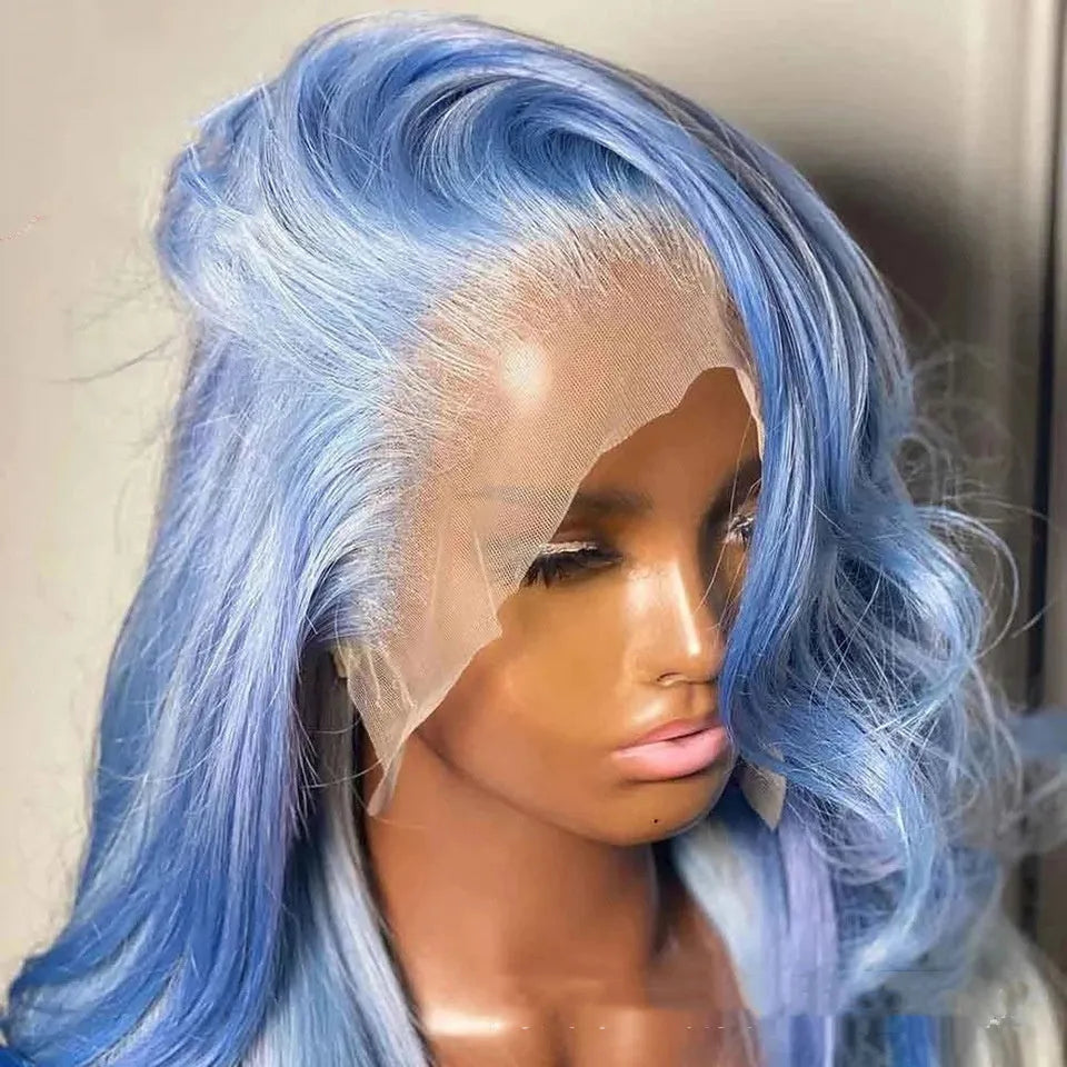 Body wave human hair lace front wig in real hair shown with straight bangs.