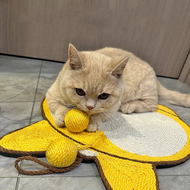 Yellow cat scratching pad with Corgi butt design, made from natural sisal on an anti-slip base