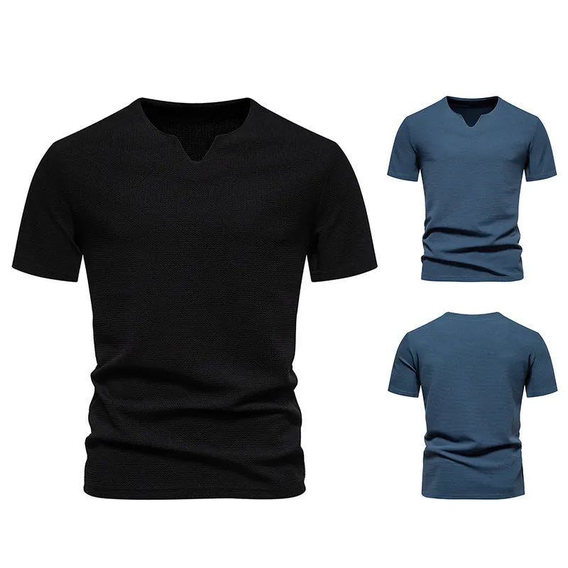 Men's bubble cloth V-neck short sleeve T-shirt in solid colour, loose fit, cotton blend