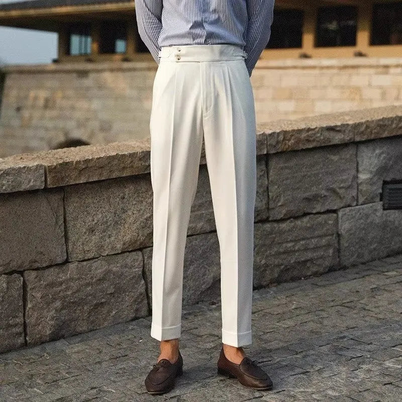 Men's slim fit straight leg formal trousers in black, white, and apricot colours.