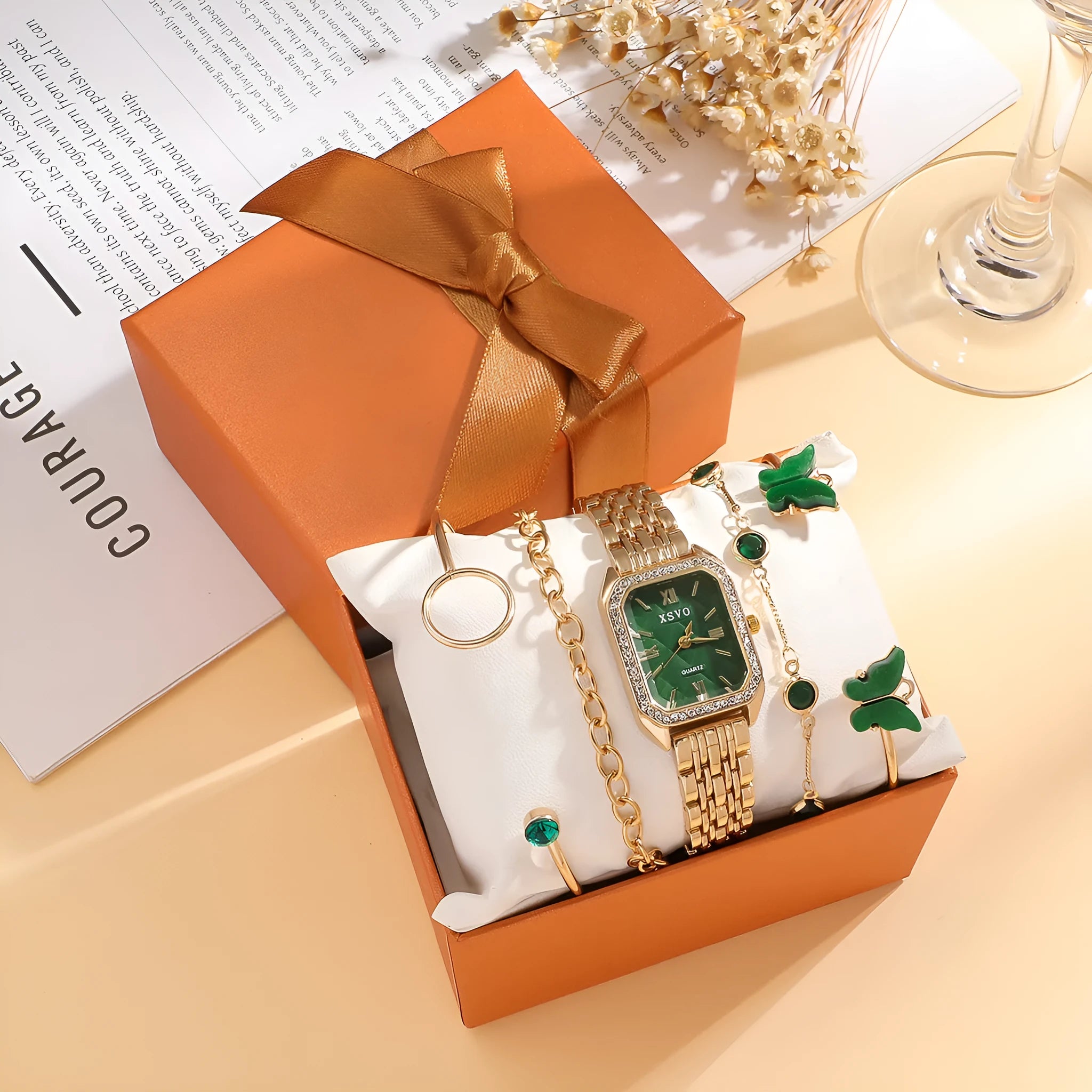 Gold green square ladies watch with four matching alloy bracelets in jewellery gift set