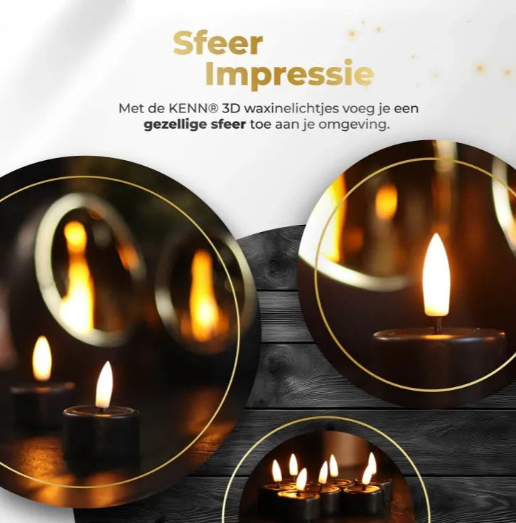 Set of four black flameless LED tealight candles showing flickering warm white glow.