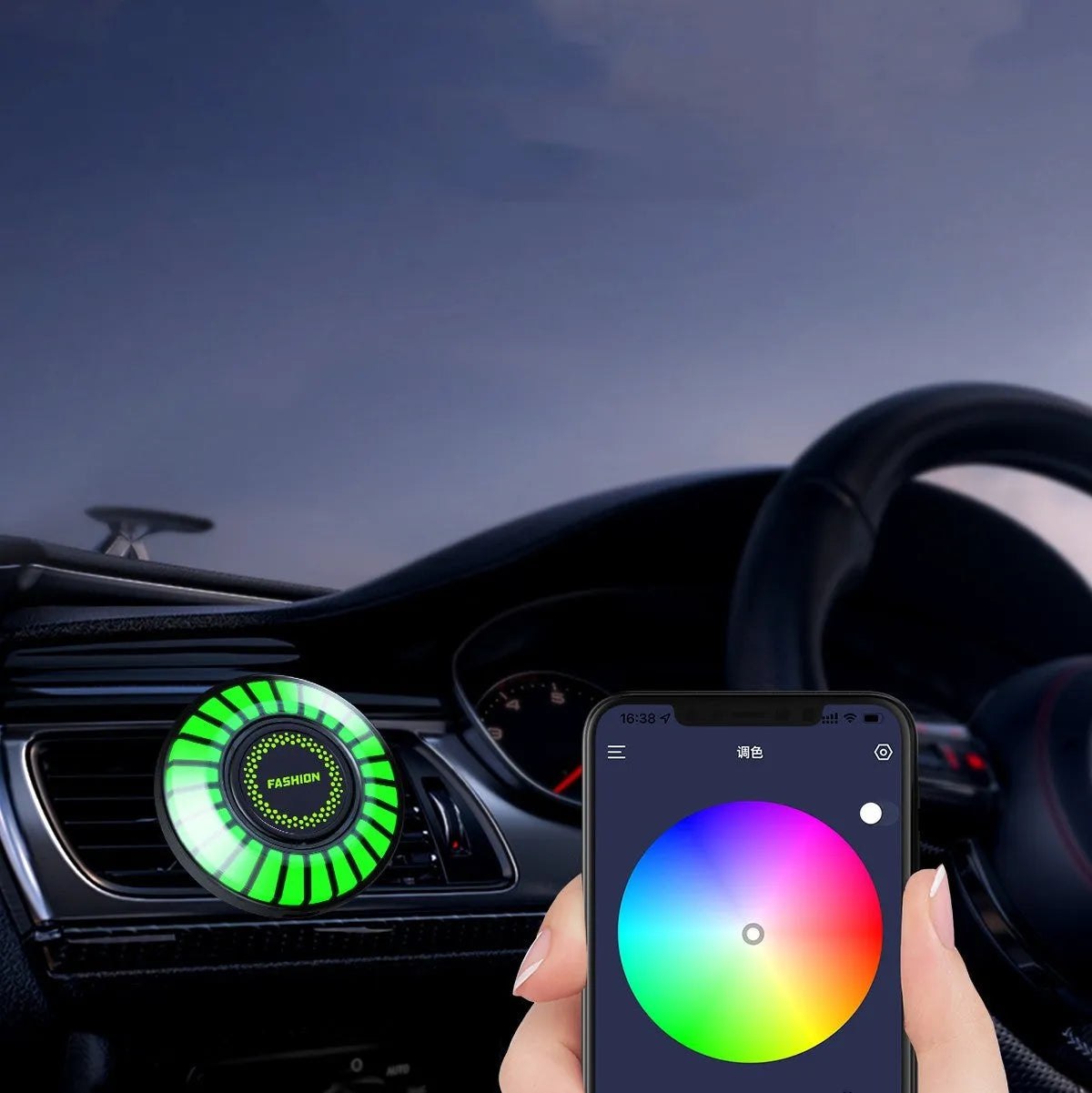 3D pickup RGB car atmosphere light mounted on a car air vent for aromatherapy and mood lighting.