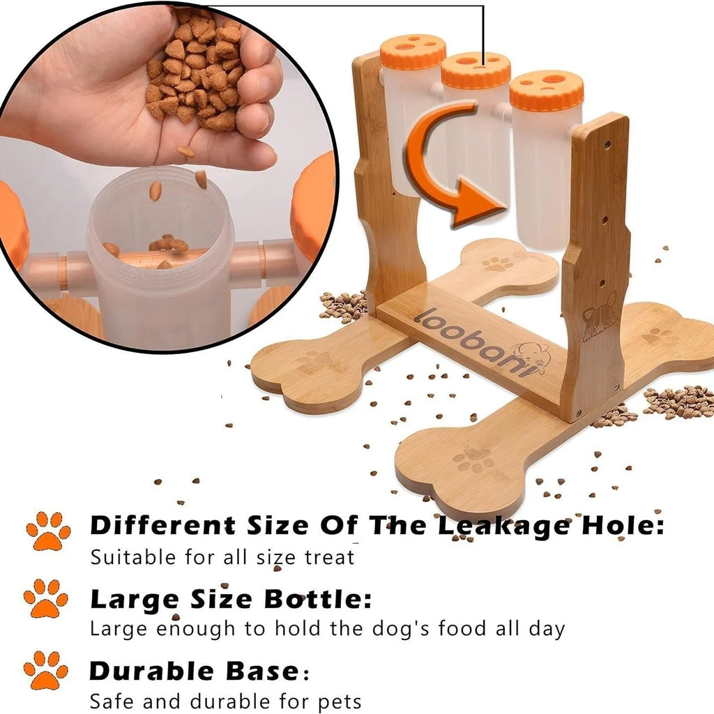 Natural wood colour dog puzzle toy measuring 31x30x20cm with treat dispensing mechanism