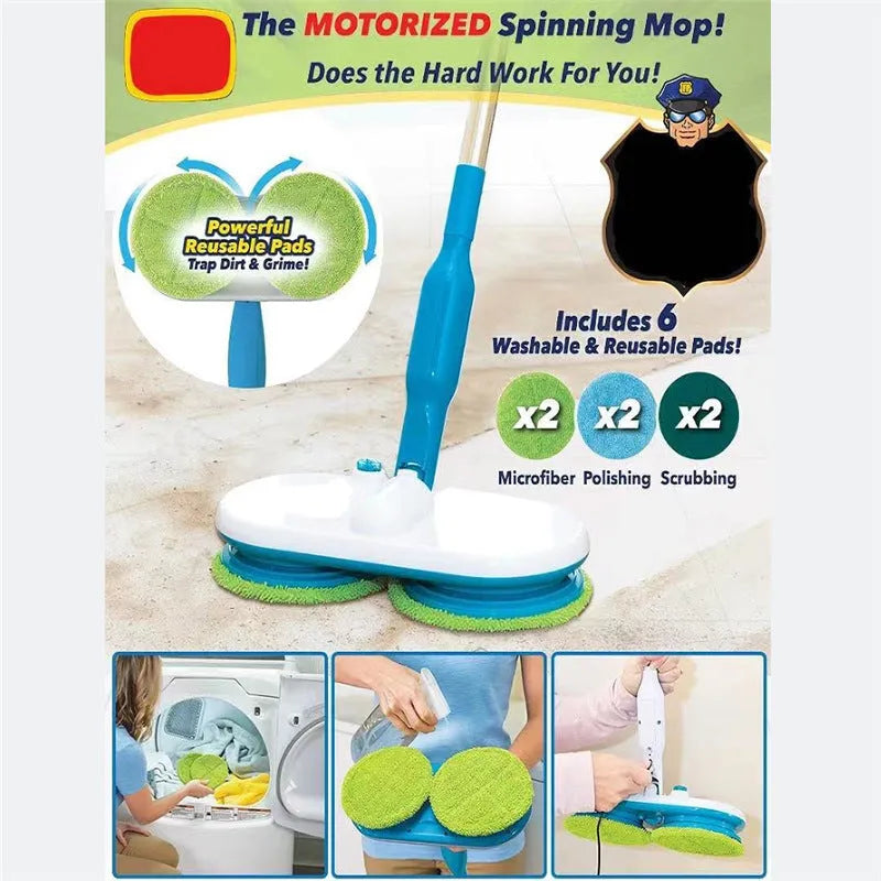 Wireless electric floor mop with USB charging port and multiple cleaning pads including microfiber, scrubbing, and polishing types