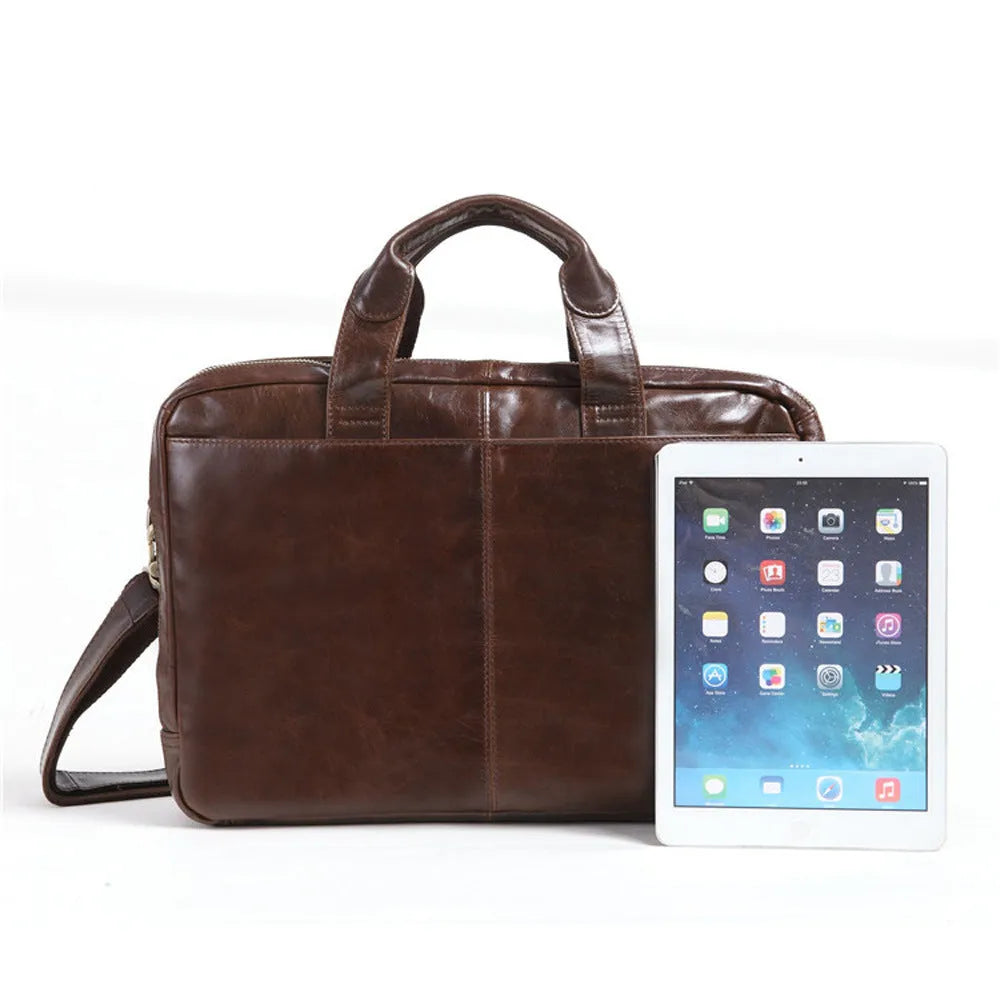 Brown men's business briefcase made from first-layer cowhide leather with 18-inch laptop compartment
