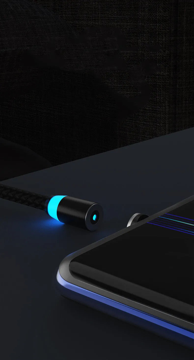 Magnetic smartphone charging cable with breathing light in multiple colour options showing Android and Apple connectors
