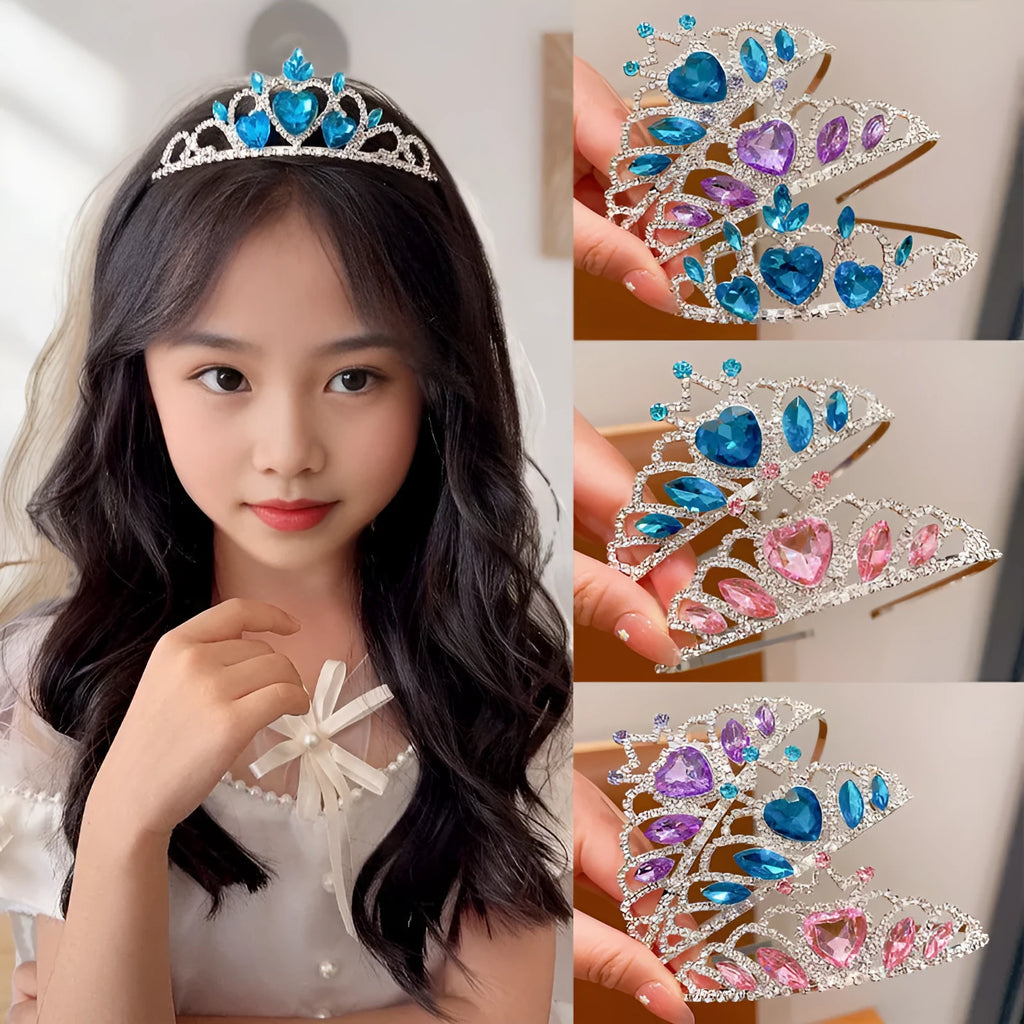 Children's electroplated alloy crown headband with pink crystals, shown on a model for scale.