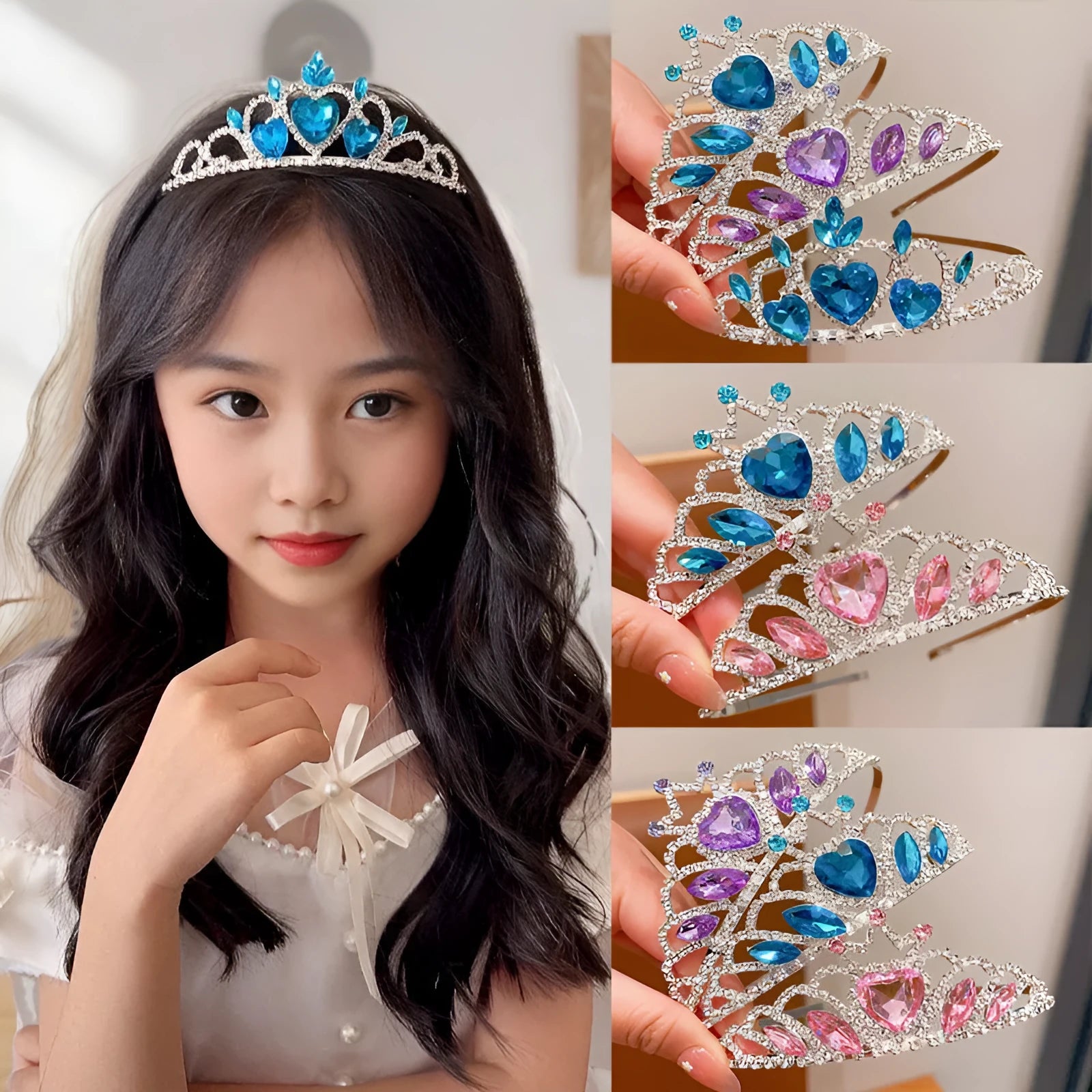 Children's electroplated alloy crown headband with pink crystals, shown on a model for scale.