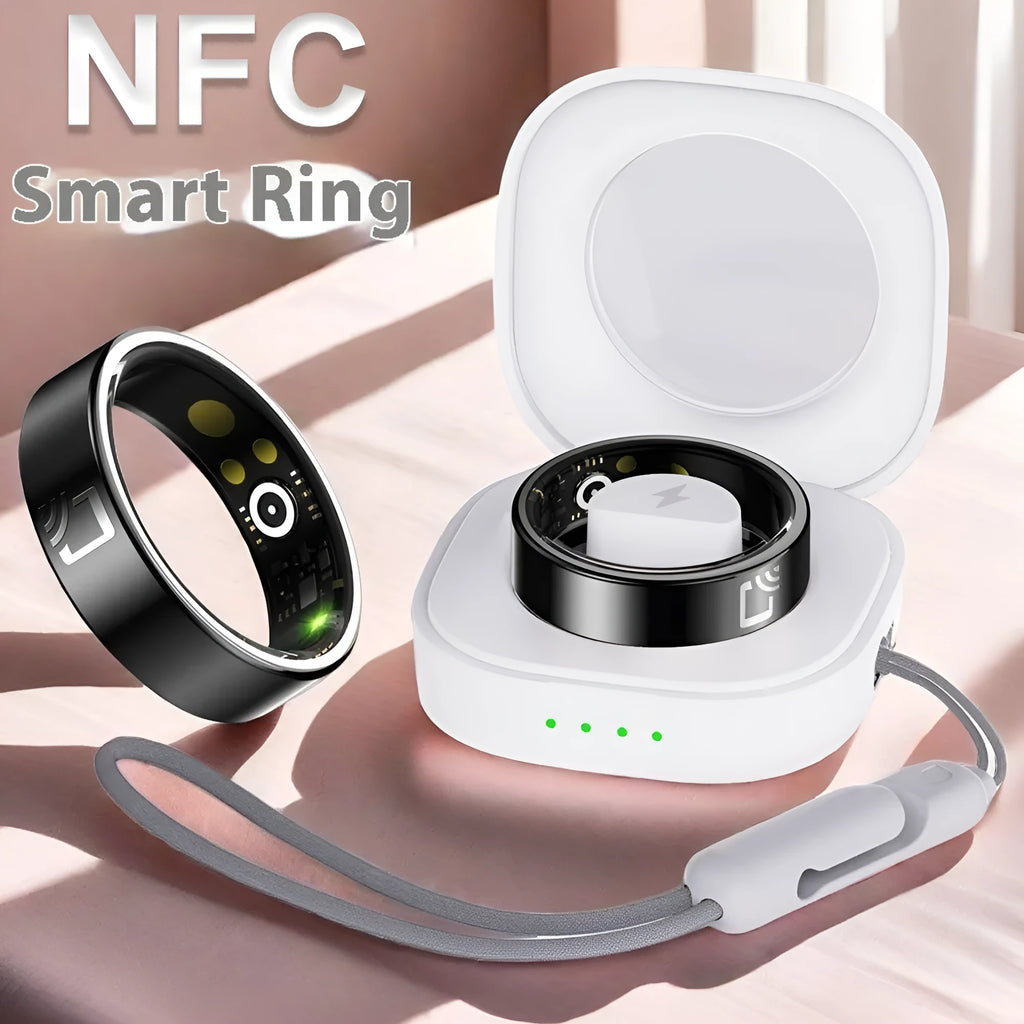 Black ceramic smart ring for heart rate and blood oxygen monitoring with charging case