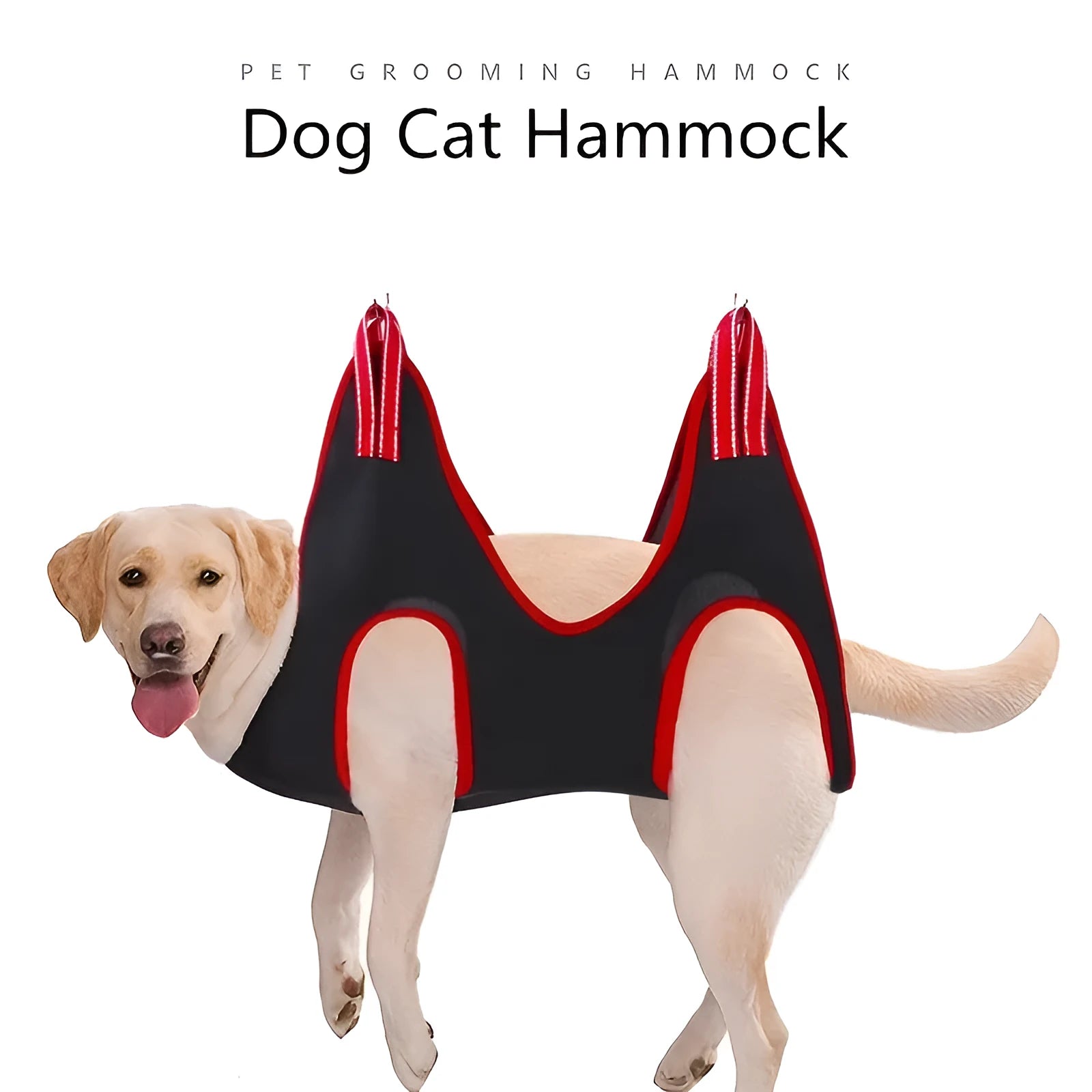 A grey polyester mesh pet grooming hammock restraint bag hanging from hooks, with sizes S, M, L, XS shown.
