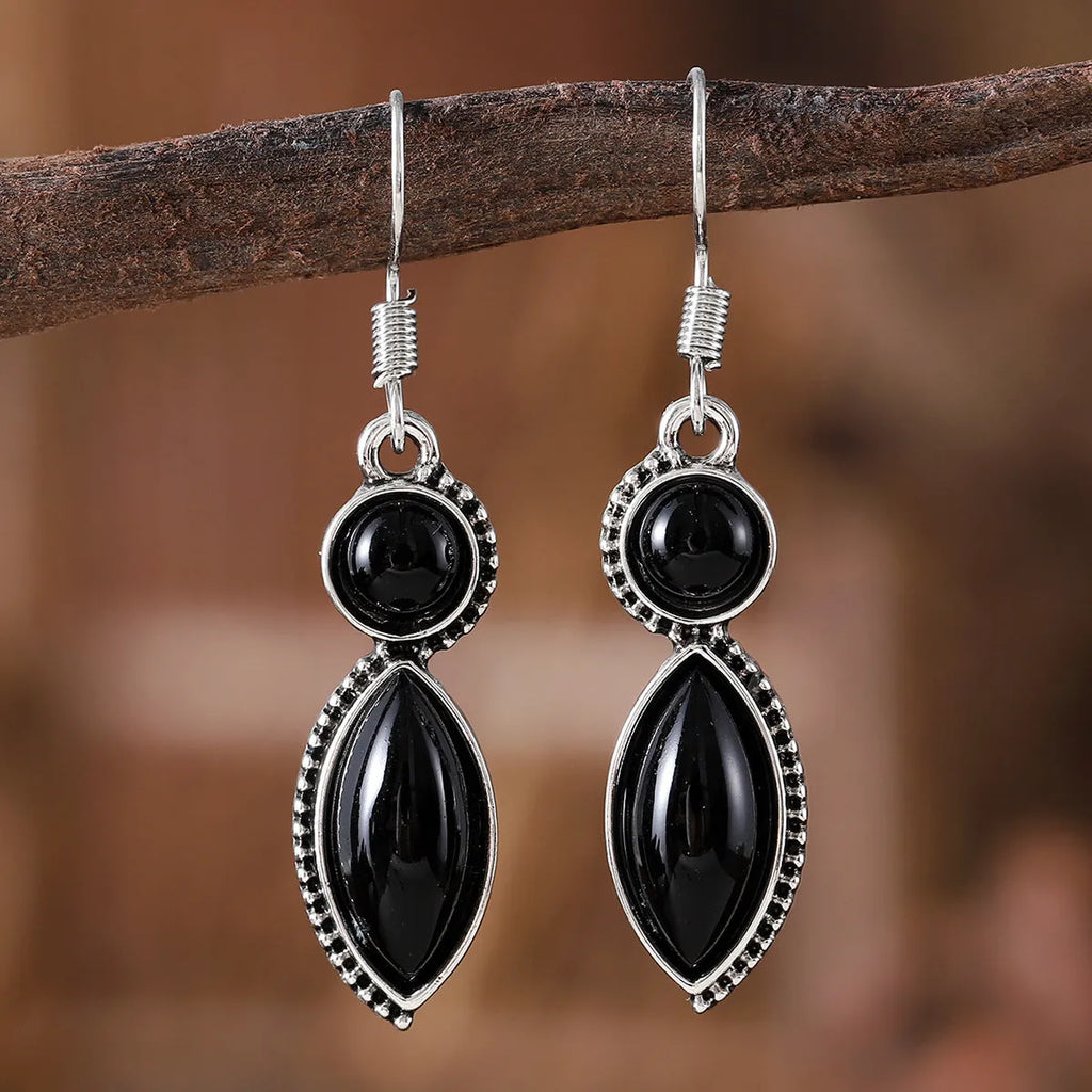 Vintage geometric earrings with black and purple colour pairing, zinc alloy construction with electroplated finish