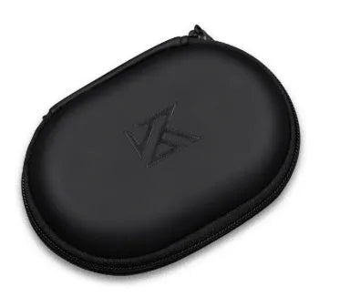 Black oval leather earphone storage bag with zip closure shown closed