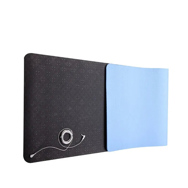 Blue conductive yoga mat with grounding wire, plant and flower pattern, 182x61cm dimensions