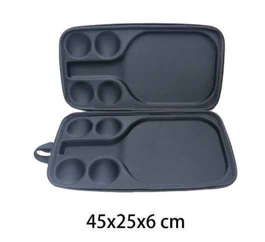 Black EVA pickleball racket carrying case with shoulder straps, showing size and storage for one racket and four balls.