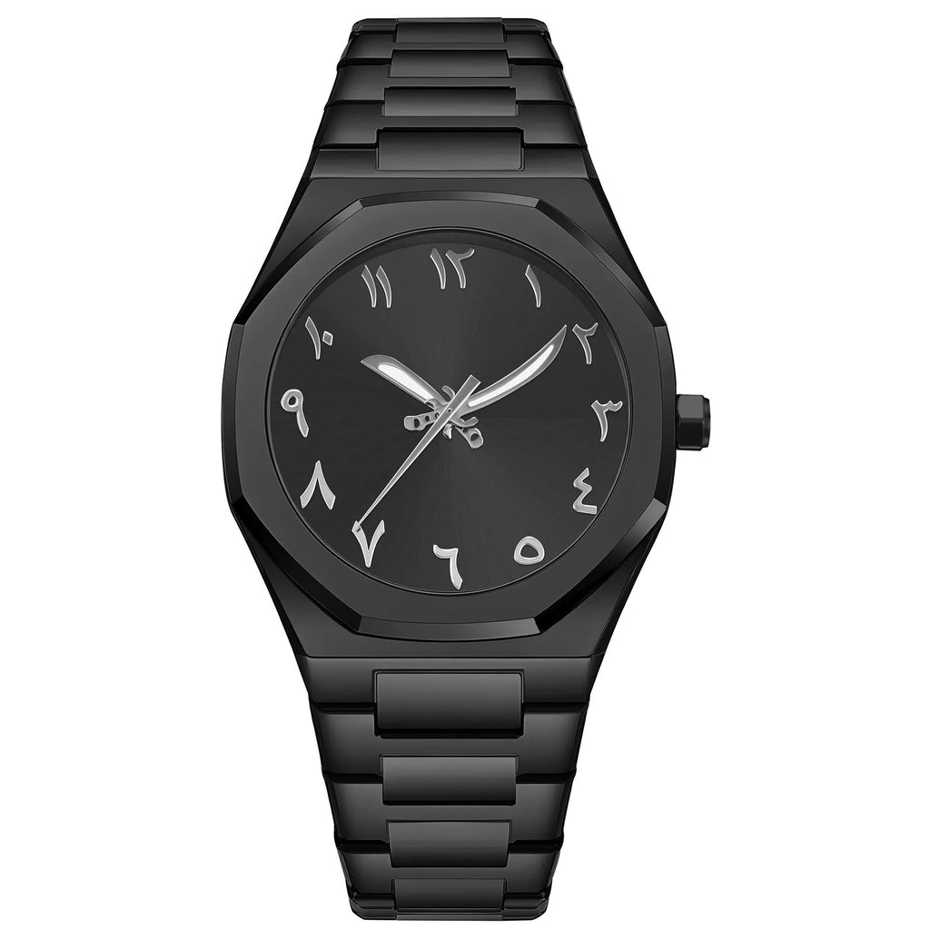 Men's business quartz watch with stainless steel strap showing three colour options