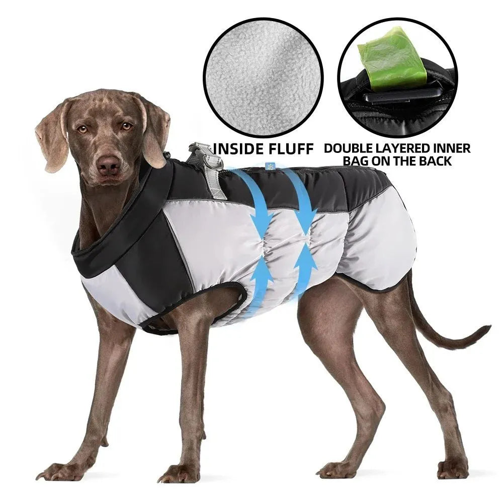 Waterproof dog jacket with built-in harness for large breed winter walks, available in multiple sizes and colours