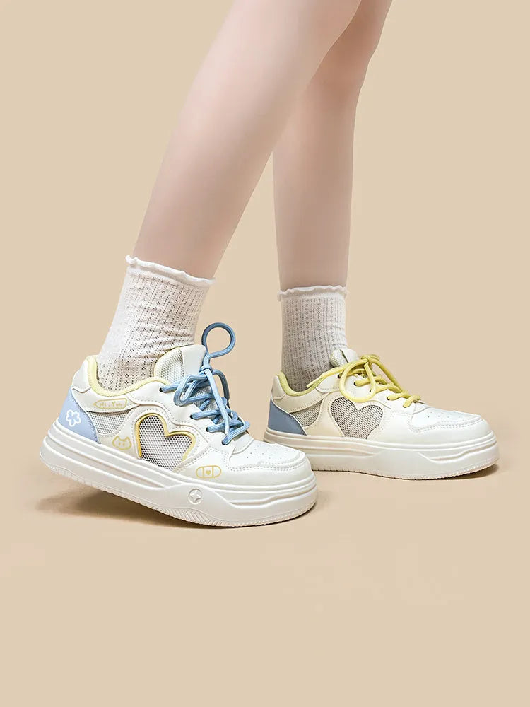Meow Rabbit Sea Salt Cheese colour Korean-style sneakers with mesh cross straps and thick rubber soles