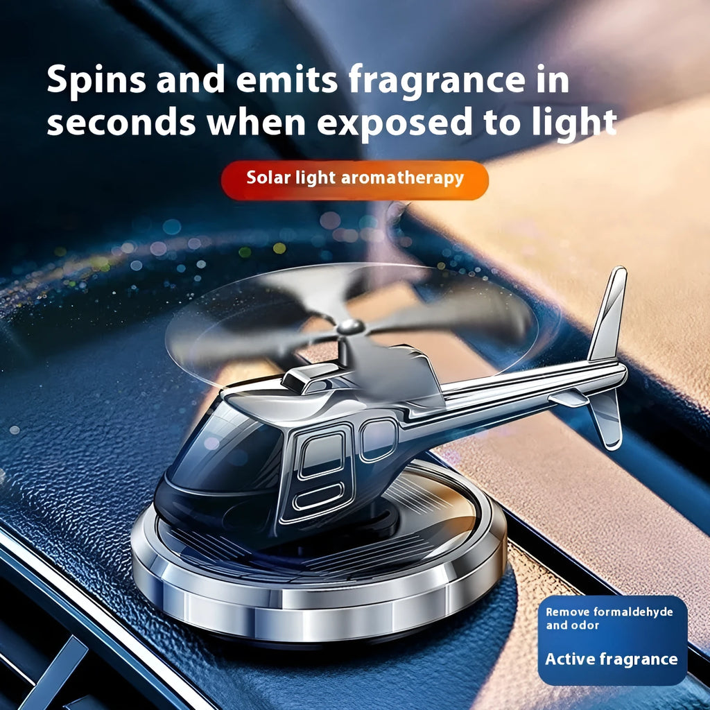 Solar-powered rotating metal helicopter car perfume decoration in silver, black, or blue
