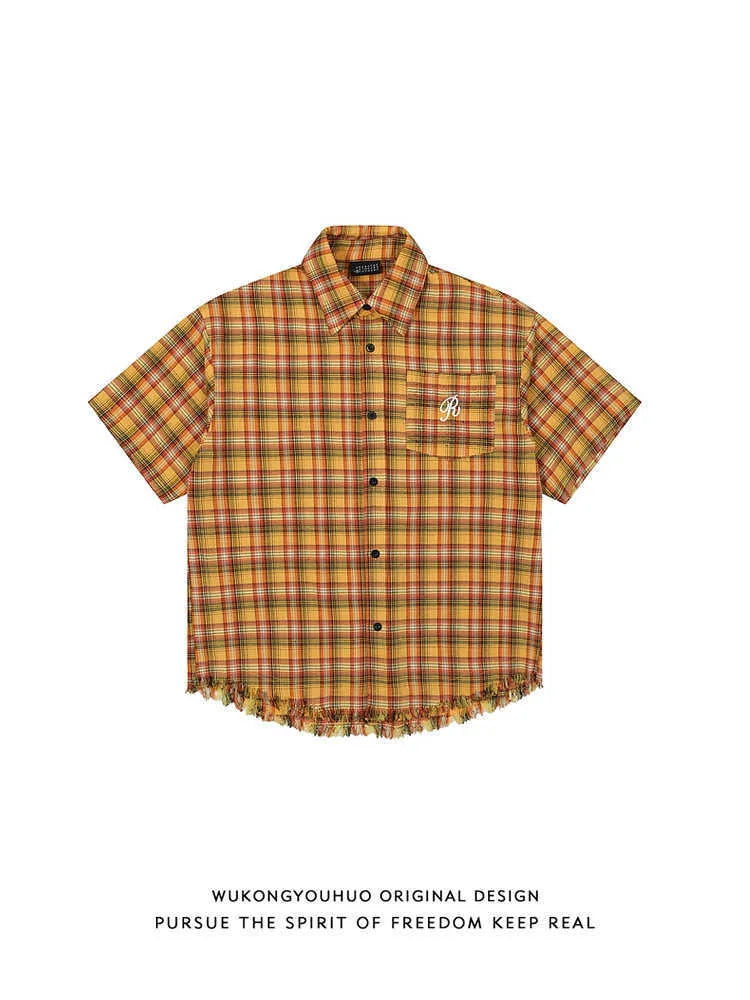 Yellow grid short sleeve plaid shirt with embroidered front pocket, loose fit unisex casual shirt