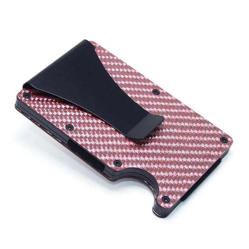 Geometric aluminium carbon fibre card holder with 8mm thickness showing black silver red colour options