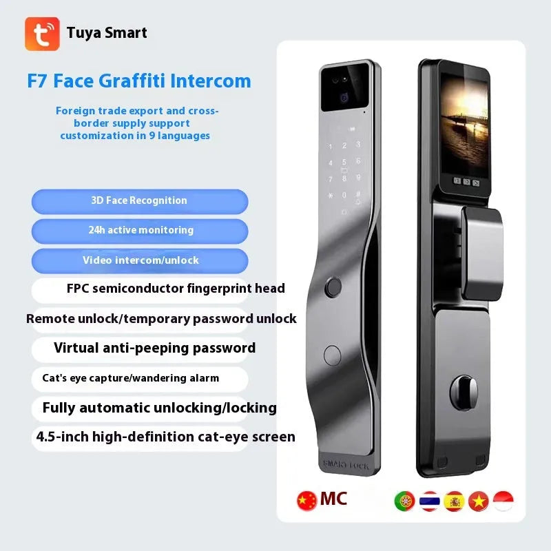 F7 model smart door lock with face recognition, fingerprint scanner, and keypad on aluminium alloy housing.