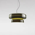 Modern square glass chandelier ceiling light with colour filters in milky white, purple, green, and brown.
