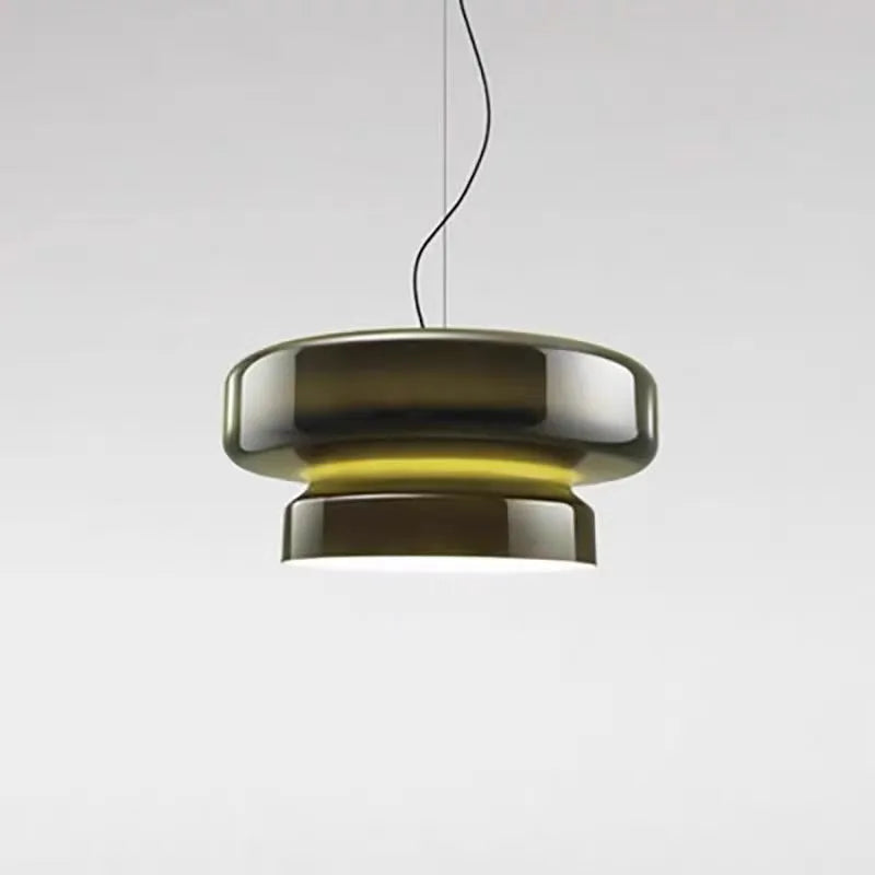 Modern square glass chandelier ceiling light with colour filters in milky white, purple, green, and brown.