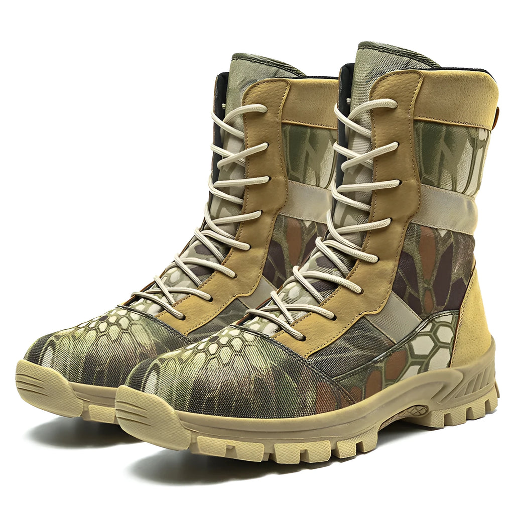 Men's black and camouflage high-top mesh combat boots showing side profile and totem detail.