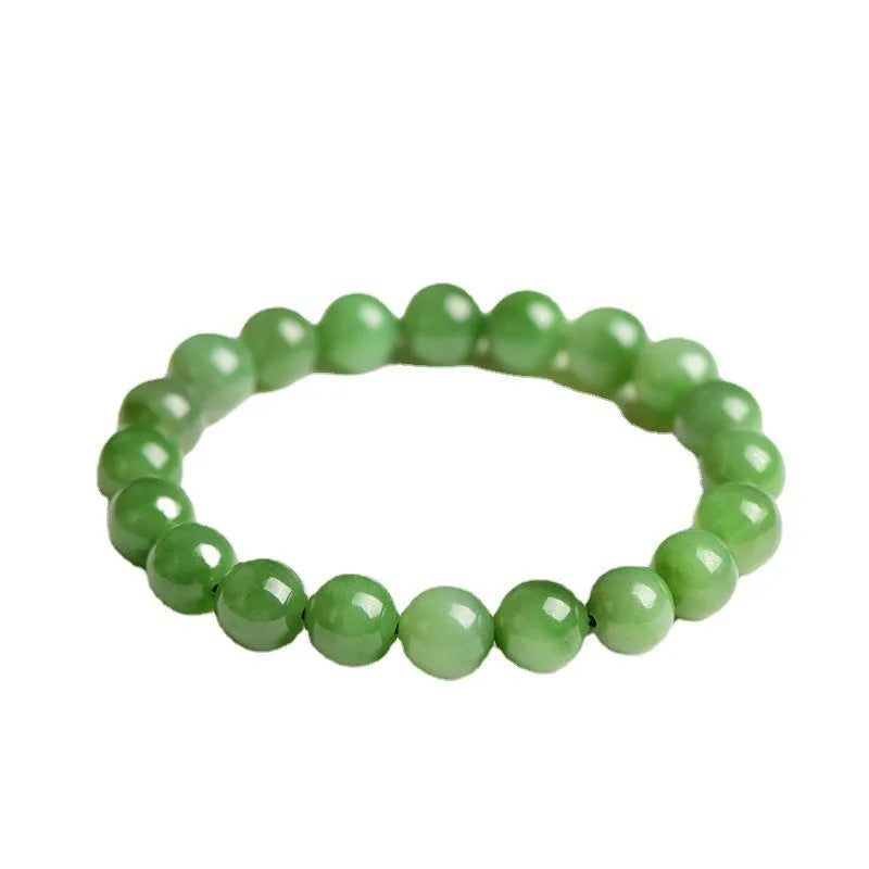 Polished Hetian jade bead bracelet in jasper colours, shown in various bead sizes on a wrist.
