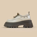 White platform leather Mary Jane shoes with chunky 6-8cm heels and front lace-up design