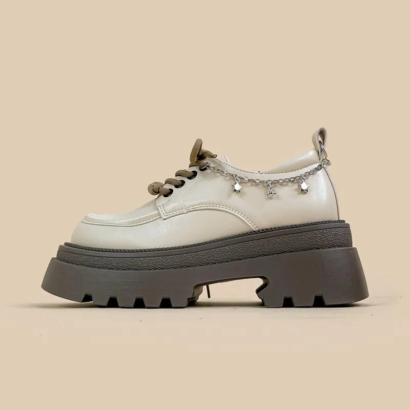White platform leather Mary Jane shoes with chunky 6-8cm heels and front lace-up design