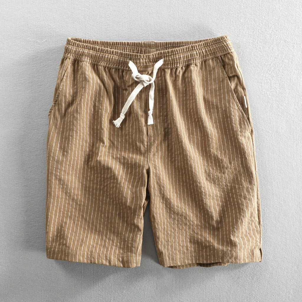 Men's striped cotton casual shorts in light blue with micro elastic waistband