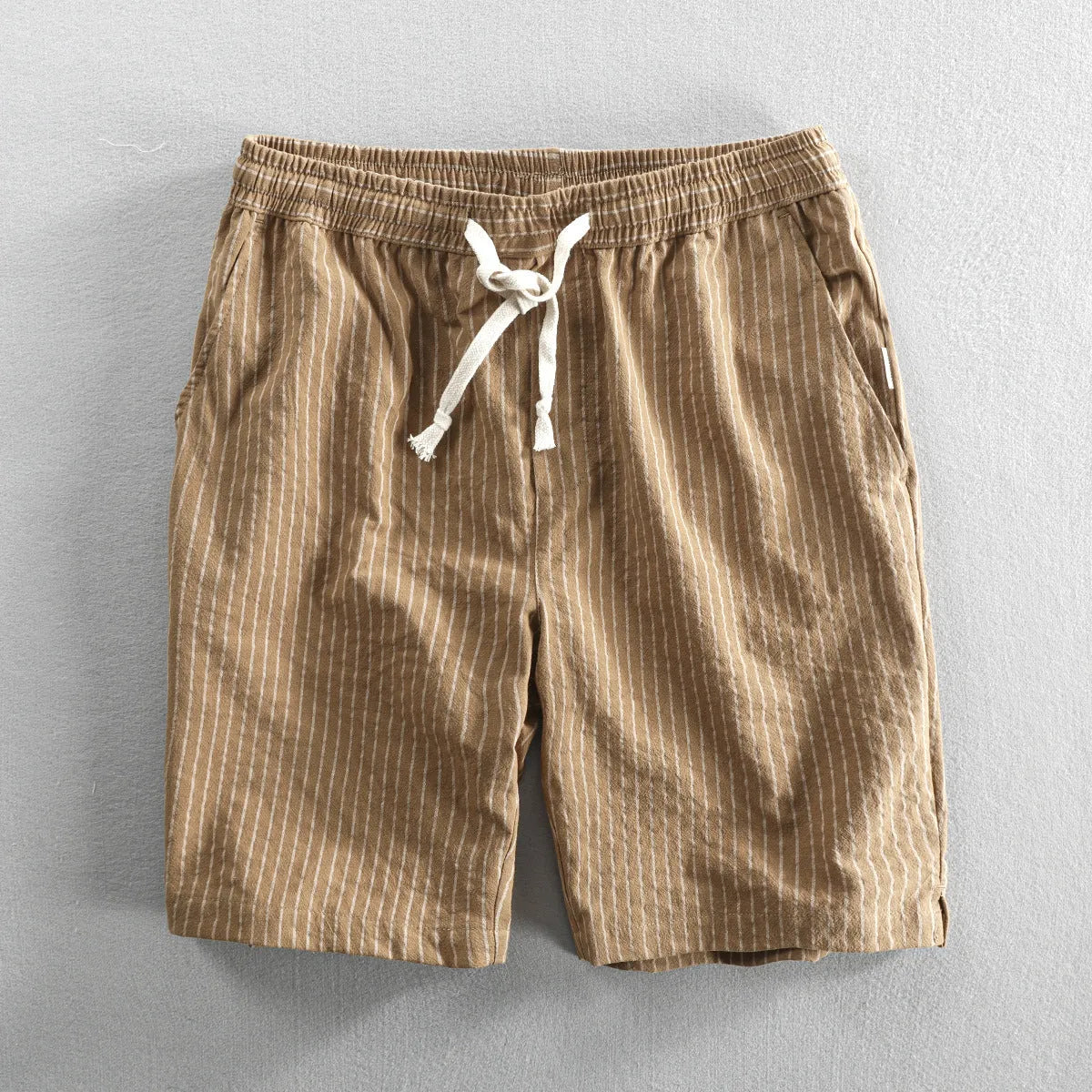 Men's striped cotton casual shorts in light blue with micro elastic waistband