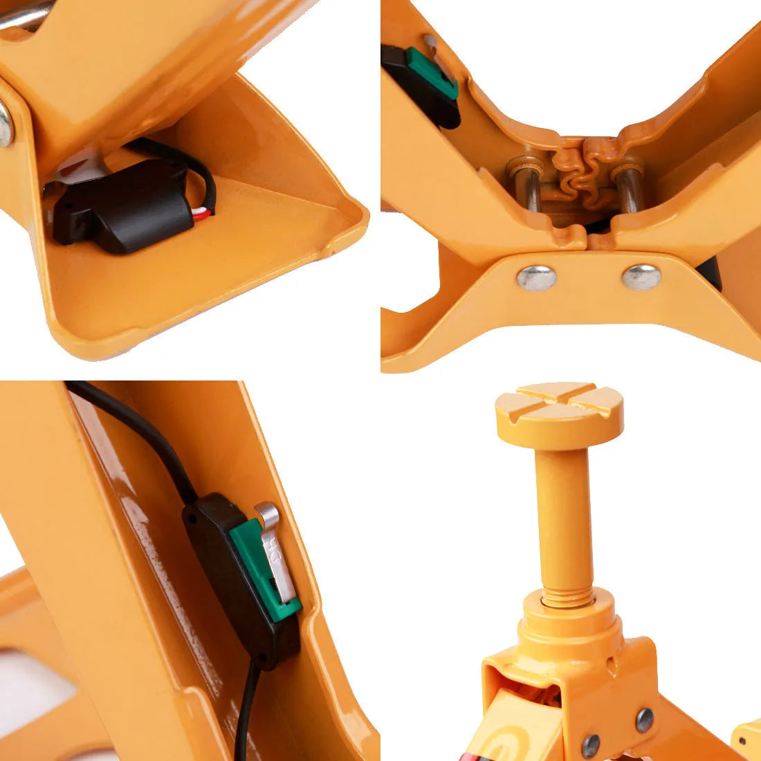 Yellow car electric jack set with hydraulic lift and electric wrench for vehicle tyre changes